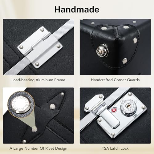Image of Vintage PU Leather Luggage Set, Retro Trunk Suitcase with Wide Aluminum Frame, TSA Key Locks and Smooth 360 Spinner Wheels (Signature Black,26 inch+12 inch)