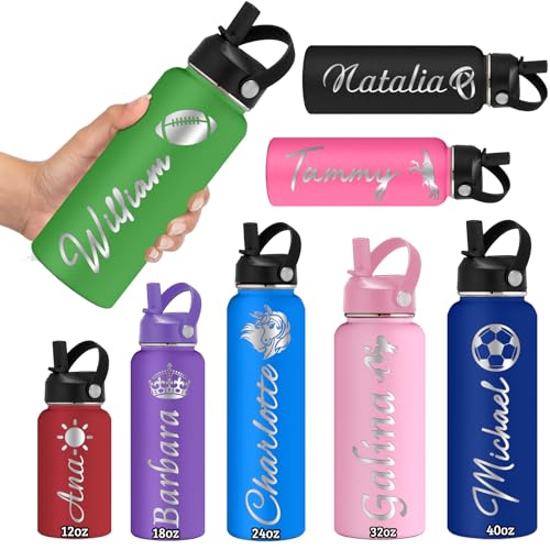 Botellas de agua personalizadas, botella de agua personalizada de acero inoxidable con aislamiento grabado, botella de agua de doble pared, botellas de agua personalizadas con nombre, ideal para la