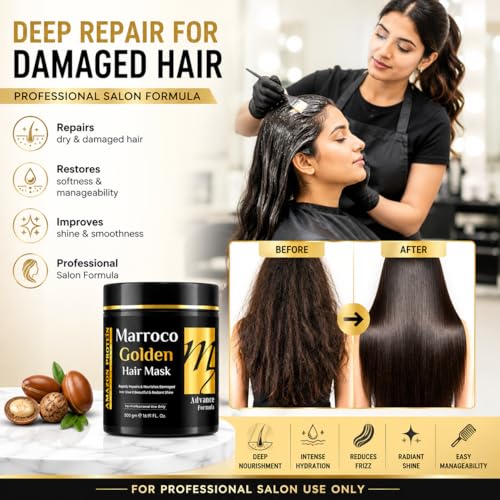 Image of Moroccan Argan Golden Hair Mask 500g | Professional Deep Conditioning Hair Spa Cream | Repairs Dry, Damaged & Frizzy Hair | Nourishes, Hydrates & Adds Shine | For Men & Women