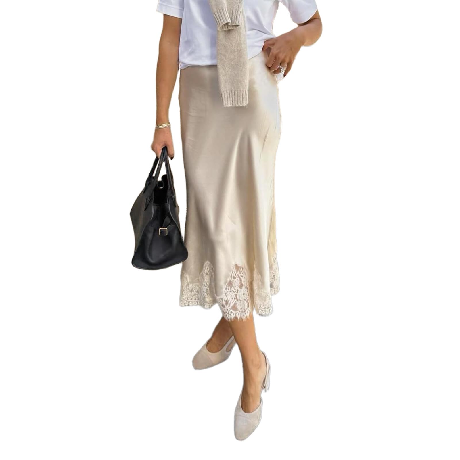 Women Y2k Satin Silk Lace Trim Midi Skirt Flowy A Line Half Slip Maxi Skirts Silky Swing Going