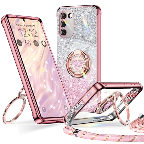 XYZ für Samsung Galaxy S23 Hülle mit Band, Herzen Doppelring Ständer Luxus Glitzer HandyHülle Kameraschutz, Frauen Stoßf...