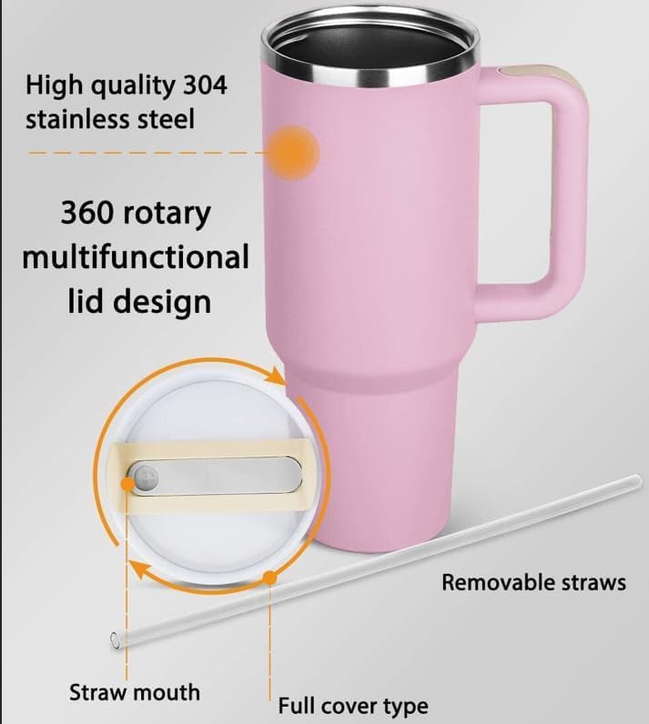 Vakuum-isolierter Edelstahlbecher Mit Griff & Strohhalm - 400 Ml, Hält Kälte & Hitze, Rosa/blau/lila