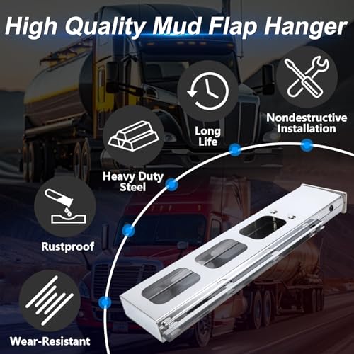Image of Stainless Steel Mud Flap Hanger Set with Rectangle Light Cutouts 2-1 /2 inch Bolt Spacing 30 inch Length Rear Bar for Semi Trucks, 2.5 inch Bolt Spring Loaded with Aluminum Reflective Tapes