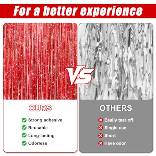 Image of 2 Pack Laser Red Foil Fringe Curtains Streamers Party Decorations 3.3 x 8.2 ft, Tinsel Curtain Fringe Backdrop for Parties, Door Fringe Birthday Streamers, Photo Booth Backdrops, Party Decor