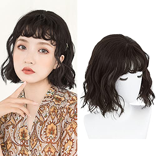 BRIGHT LELE Short Bob Wigs for Woman Nature full Baby Bang Wavy Curly Hair Wig for Daily Party Synthetic Cosplay Wig 13Inch HF1082-BC