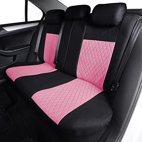TOYOUN Car Seat Covers Full Set, Universal Seat Covers for 5 Car Seater Front Bucket Seat Covers and 50-50 or 60-40 Rear Split Bench Back Seat Covers Auto Seat Covers Set Two Tone Black & Pink Fabric - Image 4