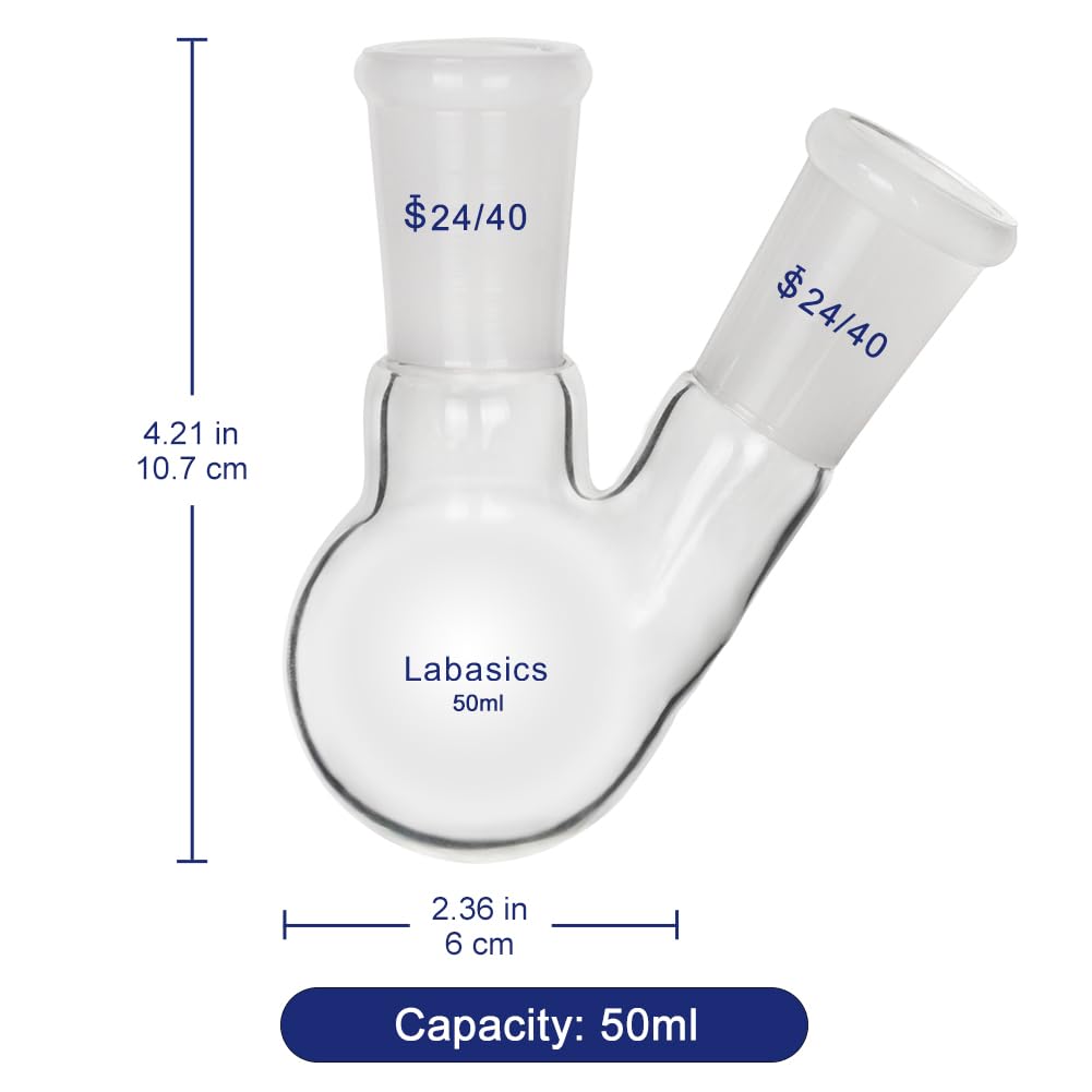 Labasics Vidrio 50ml RBF Matraz de Fondo Redondo con 2 Cuellos de Ángulos, 2 Neck Round Bottom Flask con Junta Exterior 24/40 Central y Lateral Estándar - 50ml