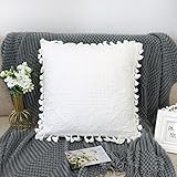 Lemfux Floral Quilted Boho Throw Pillow Covers with Tassels, Elegant Vintage 100% Cotton White Throw