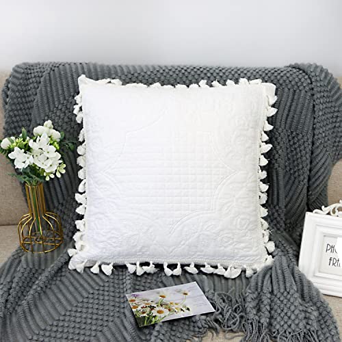 Lemfux Floral Quilted Boho Throw Pillow Covers With Tassels, Elegant Vintage 100% Cotton White Throw Pillow Cases For Home Decor, Super Soft Trendy Cushion Cover (18X18, Pack Of 1) #TOP7