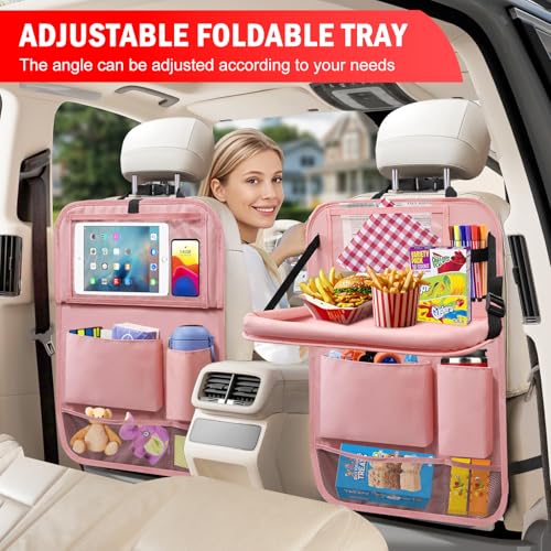 Image of 2Pack Car Backseat Organizer with Foldable Table Tray,6 Storage Pockets Car Storage Organizer with Tablet Holder,Car Seat Back Protectors Kick Mats Travel Accessories (Pink)
