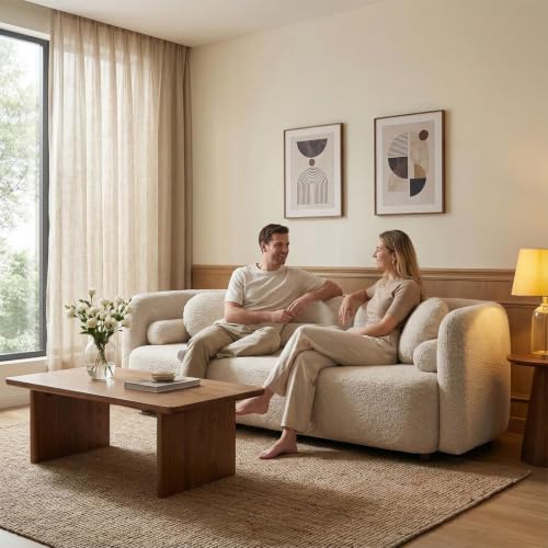 Image of 5 Piece Curved Couch Set for Living Room, Boucle Sofa Set with 1 Modern 3-Seater Sofa & 4 Accent Chairs, Deep Seat Conversation Seating Furniture for Open Concept Spaces,Home Office (Beige)