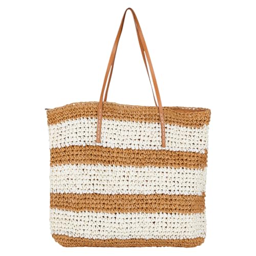 ORIGACH Large Striped Woven Straw Bag, Summer Woven Shoulder Bag For Women Crochet Beach Handmade Bag for Vacation Holiday