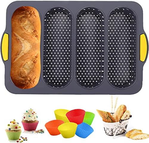 MUJUZE Silicone Loaf Pan Baking Pan for Baking French Baguettes/Hot Dog Buns, bread mold for baking with 6 Muffin Cups,Nonstick &Easy Clean&Heat Resistant Silicone Loaf Pan with Four-hole Baguette