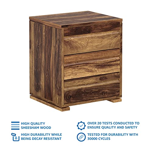 Image of Amazon Brand - Solimo Erore Solid Sheesham Wood Bedside Table with 3 Drawers (Natural Finish)
