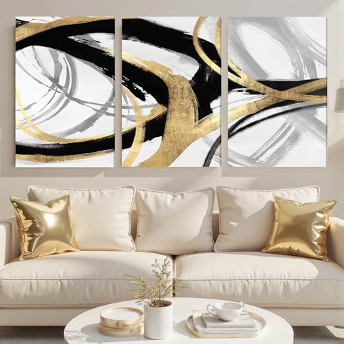 Image of DUWQU Triptych Black Gold White abstract Lines Canvas Wall Art 24x36 in x3 | Wooden frame, UV-resistant ink, Giclee printing process, Pre-installed hooks make it easy to hang home or office wall decor