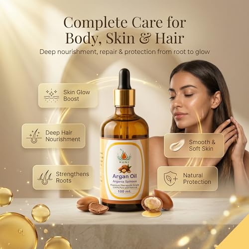 Image of KUNJ Argan Oil 100ml | 100% Pure & Natural Cold Pressed Moroccan Argan Oil | Undiluted Oil for Hair Nourishment, Skin Hydration, Face Care & DIY Beauty Use