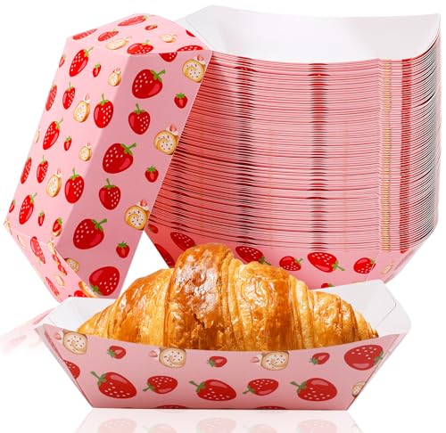 PIEMEET 50 Pcs Paper Food Trays, Strawberry Paper Plates Boat, Berry Plates