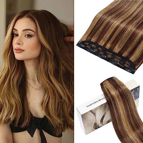 S-noilite Clip in Human Hair Real Hair Extensions One Piece 3/4 Full Head Remy Natural Straight Extension (10"-40g, 4/27 Medium Brown/Dark Blonde)