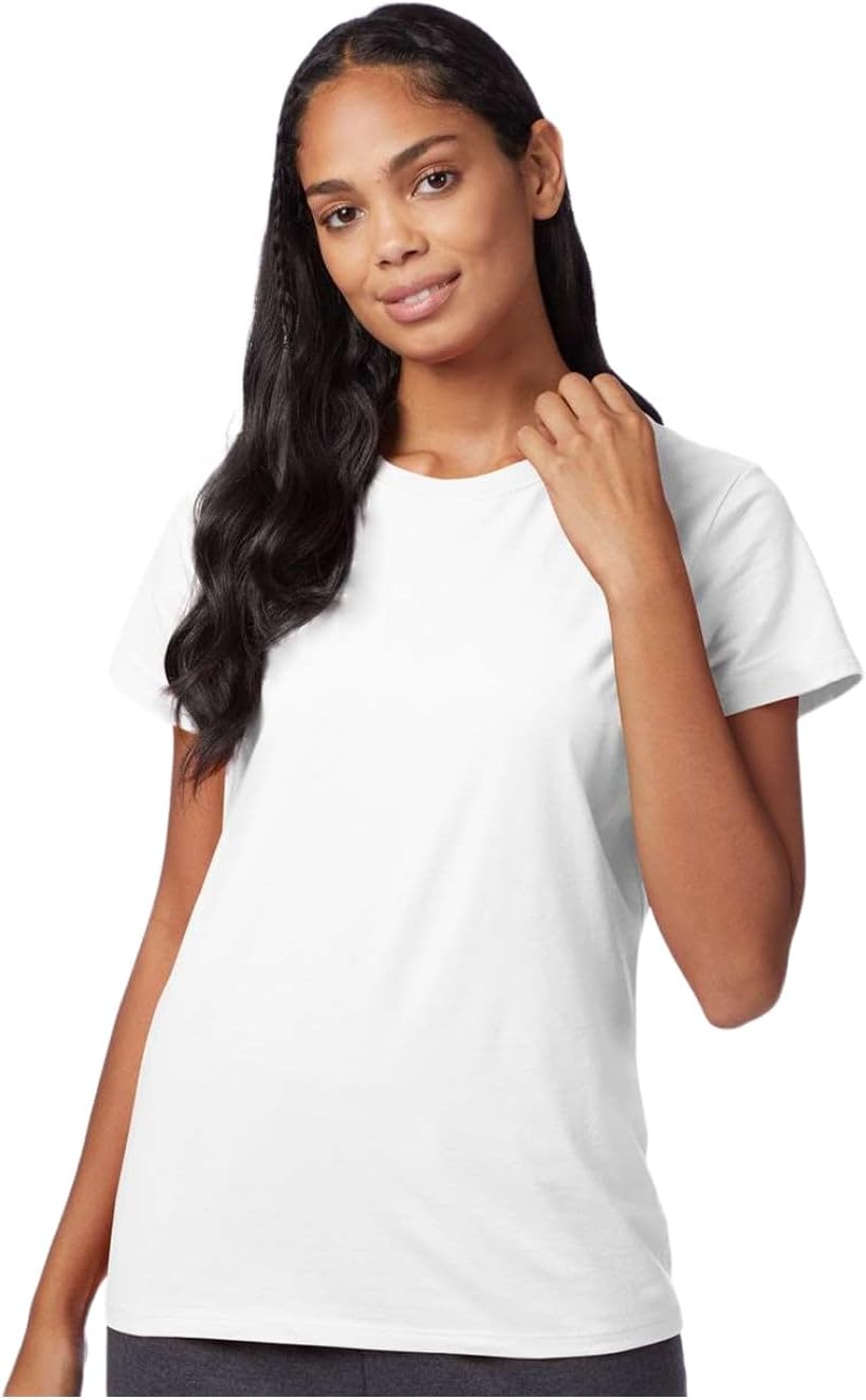 Hanes SL04 Women’s Perfect-T Shirt, 100% Ring-Spun Cotton, Lightweight 4.5 oz, Pre-Shrunk, Contoured Fit, Tear-Away Label, Sustainable, Soft & Durable Tee, 5XL, White