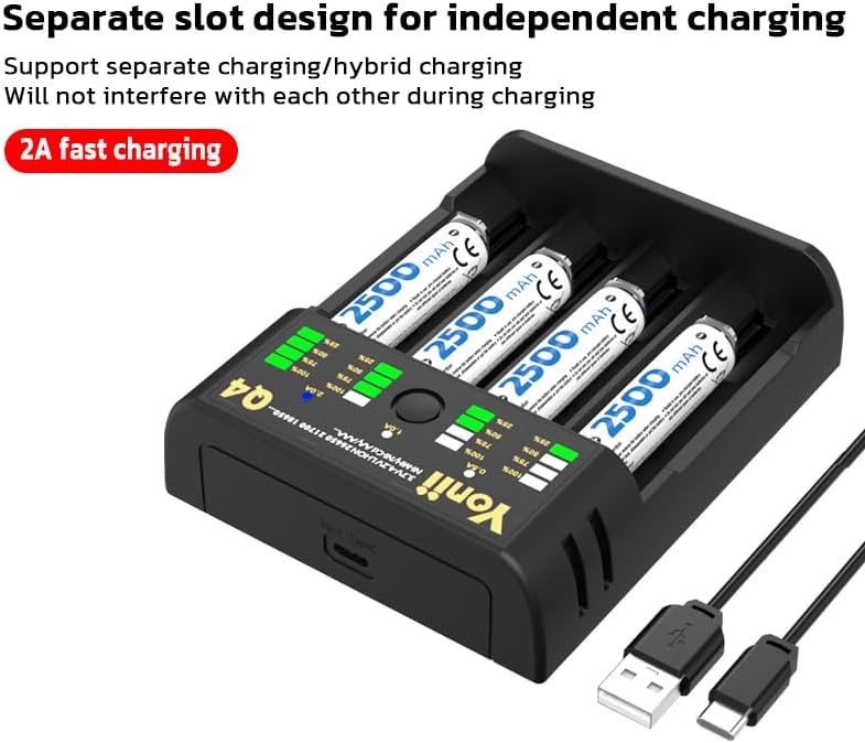 Yonii 18650 Smart Battery Charger with LED Percentage Display,Adjustable Current 0.5A/1A/2A,Compatible with 3.6/3.7V Li-ion/IMR/INR & 1.2V Ni-MH/Ni-Cd Batteries,Supports 21700 18500 18350 10440 26650