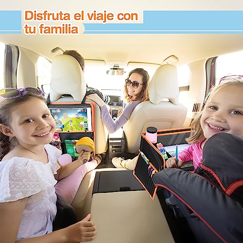 Miniatura 2 de Lenbest Mesa De Viaje Para Niños De Doble Función, Bandeja Para Las Rodillas Protección Del Respaldo Del Coche Con Película Transparente, 5 Placas De Dibujo Y 6 Lápices De Colores, Negro Naranja