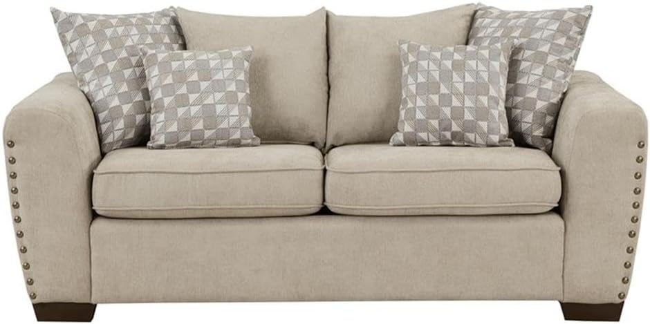 Pemberly Row Contemporary 2-Piece Sofa Set, Chenille Upholstery, Light Brown Finish, Solid Wood Legs, Nailhead Trim, Includes Sofa and Loveseat with Toss Pillows, Transitional Living Room Furniture