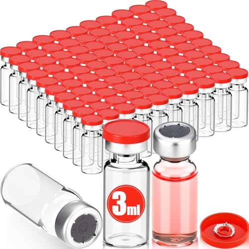 100 Pcs 3ml Sterile Vials Empty Vials for Injection, Red Lid