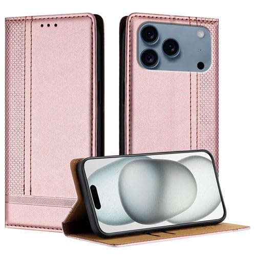 Étui portefeuille en cuir iPhone 15 Plus or rose avec motif