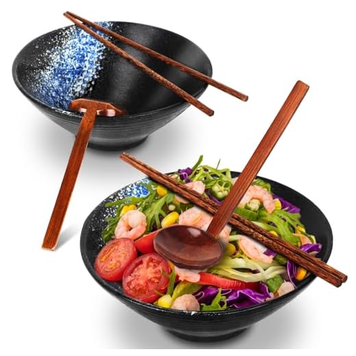 Sosayet Ciotole Giapponesi per Ramen, 2 Set Giapponese Ramen Ciotola con Bacchette e cucchiai, Ciotola di Ceramica per Ramen, Insalata, Muesli, 1000 ml, 20 x 20 x 8 cm