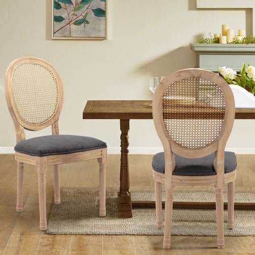 SoarTalent Sillas de Comedor Tapizadas Juego de 2, Estilo Campestre Francés, Respaldo Ovalado, Patas de Madera, Ratán, para Comedor, Cocina, Restaurante,Gris
