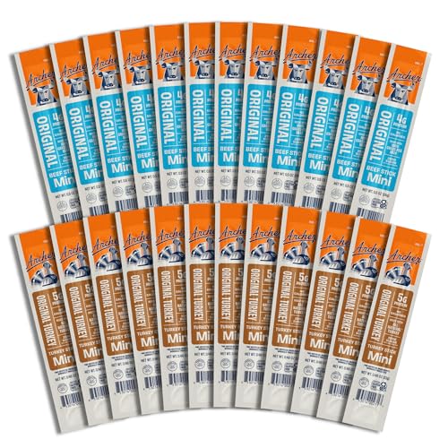 Archer Jerky Mini Beef & Turkey Jerky Sticks - Grass Fed Beef Sticks Individually Wrapped, Mini Protein Snack Packs Bulk, Paleo, Keto - 12 of Each (24 Total)