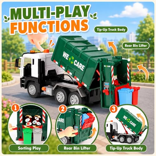 Miniatura 3 de Bunnyjoy Camión De Basura Juguete Con Luces Y Sonidos, Camiones De Juguete Niños 2 3 Años, Vehículo De Inercia Incluye Cubos De Basura Y Accesorios, Juguete Educativo Regalo Para Niño Niña 4 5 6 Años