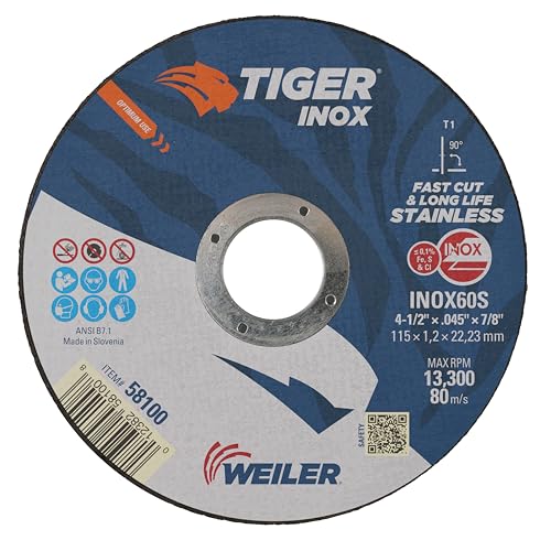 Image of Weiler 58100 4-1 /2 Inch Cutting Wheel, Tiger Inox Stainless Steel Contaminant-free High Performance Cutting, .045 inch INOX60S Type 1 7 /8 inch Arbor, Pack of 25