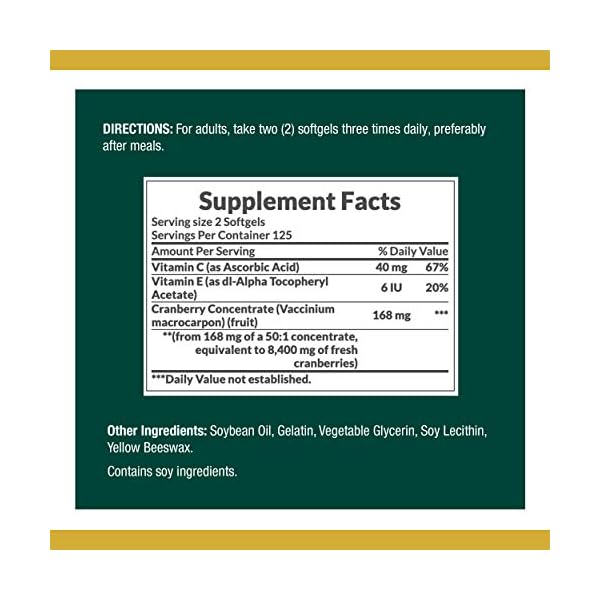 Nature's Bounty Cranberry 4200mg With Vitamin C, Urinary Health & Immune Support, Cranberry Concentrate, 250 Rapid Release Softgels