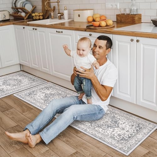 Findosom Kitchen Rugs Sets of 2, 20" x 32" + 20" x 48" Kitchen Runner Rugs Non Skid Washable with Rubber Backing, Vintage Kitchen Mats for Floor,Hallway, Laundry Room, Gray by Findosom - Image 8