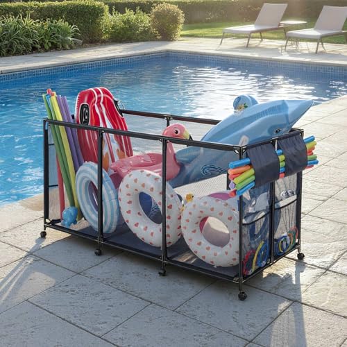VEVOR Pool Storage Bin, 69 x 32 x 35 in, Rolling Pool Float Storage Organizer with Side Pockets & Noodles Holder, Durable Metal Frame, Poolside Toys Breathable Mesh Basket for Swimming Pools by VEVOR - Image 2