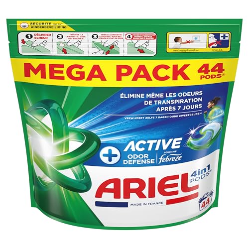 Ariel Pods 4en1 +Active, Lessive en Capsules, 44 Lavages, Élimine les Odeurs de Transpiration Même Après 7 Jours avec la Technologie Febreze, Dissolution Rapide Même à Froid, Fabriqué en France