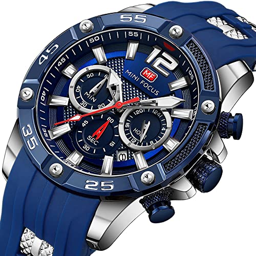 Kxaito Mens Watches Military Sport Waterproof Chronograph Watch Luminous Silicon Strap Casual Watches For Men Fashion Analog Quartz Business Wrist Watch Clock Steel Design (0349G 01) (Blue&Sliver) #TOP1