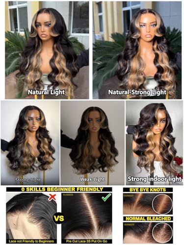Image of Sunber Highlights Blonde Pre Cut 7x5 Lace Bye Bye Knots Loose Wave Wigs 24 inch | Human Hair Glueless Wigs 150% Density Pre Plucked Pre Bleached Knots