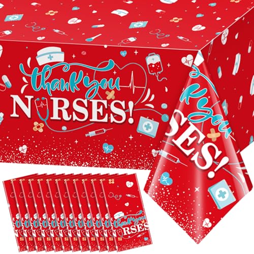 12Pack Nurses Week Tablecloths, Thank You Nurses Disposable Tablecloths ,Rectangular Plastic Table Covers for 2026 Nurse Appreciation Week RN Graduation Party Supplies Decorations,54 x 108 Inch