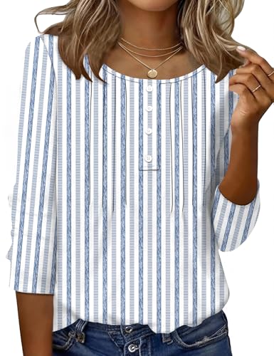 Ivicoer Womens Blouses Summer Casual 3/4 Length Sleeve Crew Neck T-Shirt Business Lightweight Fashion Blouses Work Shirt 2026 White Blue Stripe L