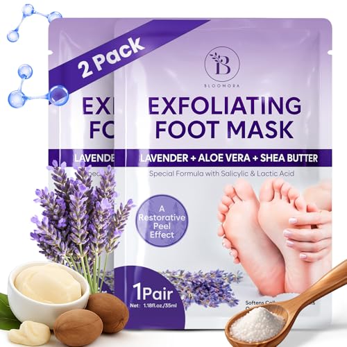 Fußmaske (2 Paar), Foot Peeling Mask & Fussmaske mit Lavendel & Sheabutter, Exfolierende Hornhaut Socken & Hornhautentferner Socken, Feuchtigkeitsspendende Foot Mask für Damen & Herren, Einheitsgröße