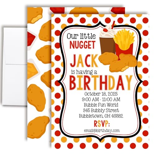 Custom Birthday Invitations Our Little Nugget Birthday Invites for Kids Pack of 30 5x7 Custom Chicken Nugget Themed Invitation Cards With Thirty Envelopes - Unique Chicken Nuggies Party Invites