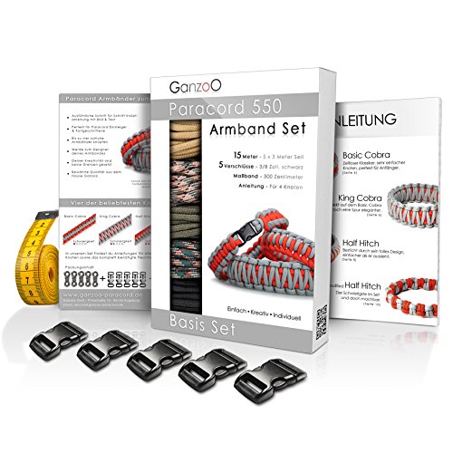 Ganzoo Paracord 550 Armband Set zum selber knüpfen, Knüpf- und Bastelset für DIY Bracelet mit Klickverschlüssen, Anleitung und Lanyard-Idee, Parachute Cord Armband, Camo