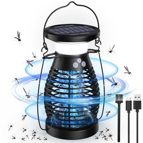 Solar Lampara Antimosquitos, 3 IN 1 UV Mata Mosquitos Electrico, 4200V USB Recargable Lampara Mosquitos IP66 Impermeable Trampa Moscas para Oficina Dormitorio Cocina Jardín Camping (Negro)