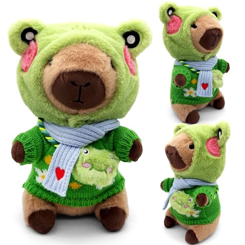 11Pcs Capybara Plush Toy, Capybara Stuffed Animal with 10 Clothes and Accessories, 10 inch Super Soft Capybara Toys for Kids Girls Boys, Role Play Dress Up Gifts (Green 11 pcs)
