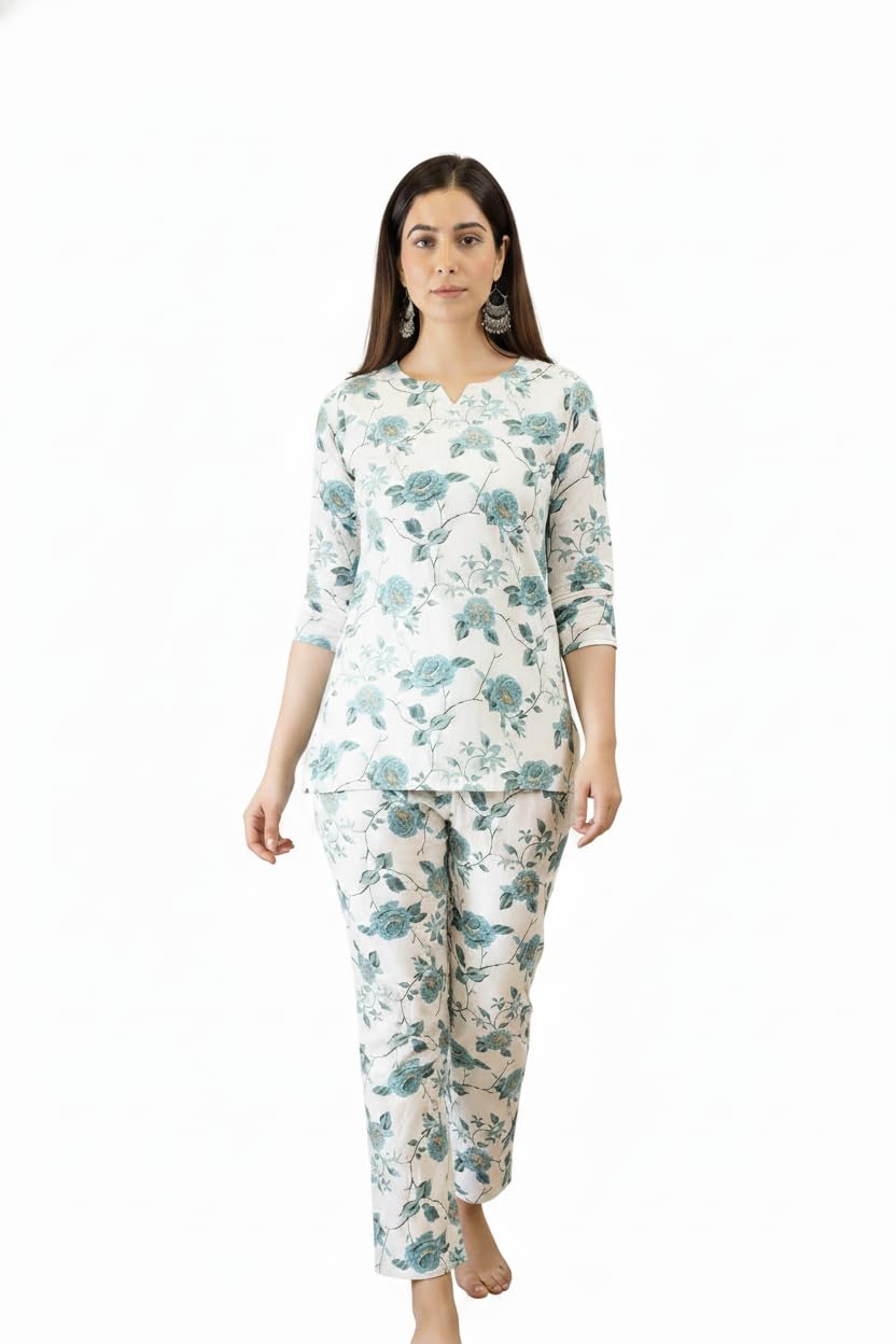 navya clothingo Women's Pure Cotton Floral Co-ord Set, White with Teal Print, 3/4 Sleeve, Relaxed Fit, Loungewear-picture-22