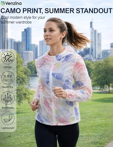 Image of Venzina UPF 50+ Women's Camo Print Sun Hoodie -Ultra-Lightweight & Breathable Single-Layer Jacket, Regular Fit with Elastic Cuffs & Side Pockets for Outdoor, Commute, Cycling