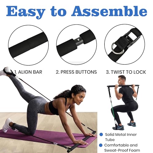 Image of Pilates Bar Kit with Resistance Bands for Full Body Workout | Portable Home Exercise Bar for Strength Training, Stretching, Core, Arms & Legs | Compact Design for Indoor & Travel Use
