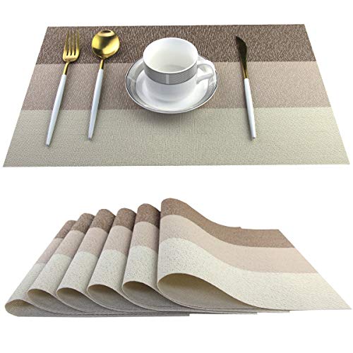Placemats for Dining Table Woven Viny Dinner Mats Wipe Clean Plastic Placemats Set of 6 (Stripe Beige)